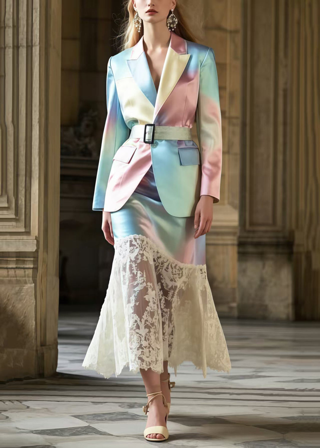 Boutique Tie Dye Tunic Patchwork Lace Silk Women Sets 2 Pieces Spring