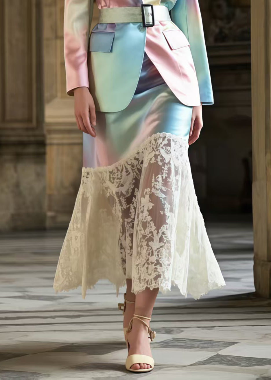 Boutique Tie Dye Tunic Patchwork Lace Silk Women Sets 2 Pieces Spring