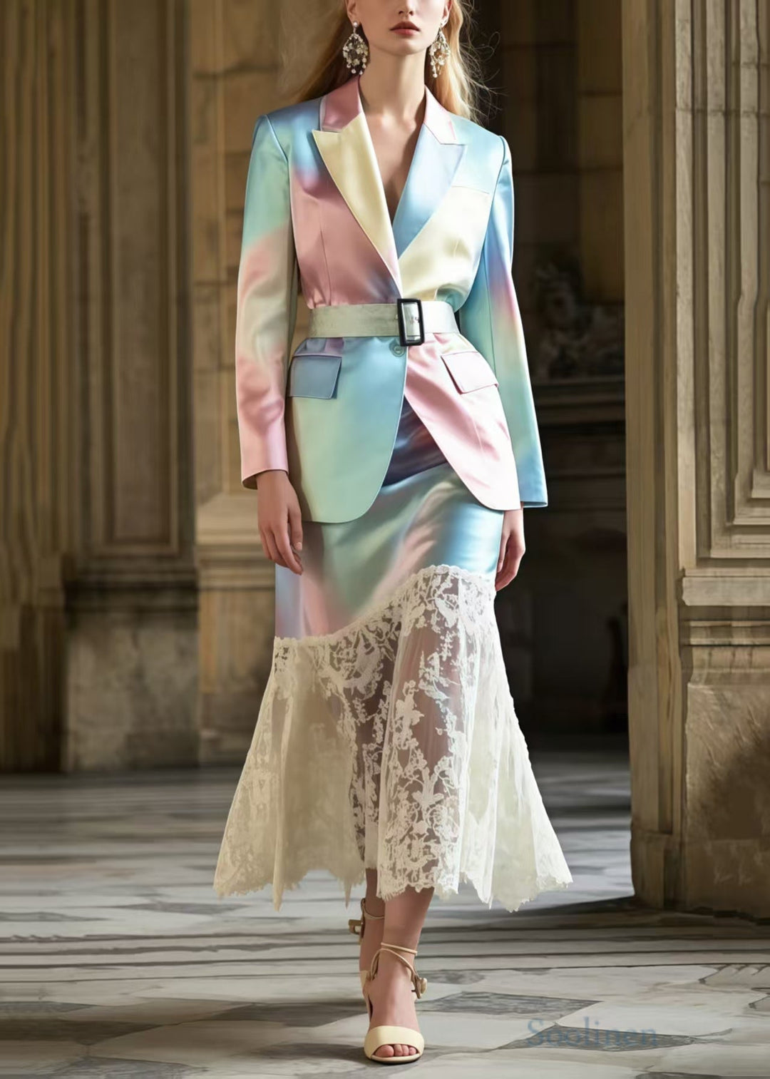 Boutique Tie Dye Tunic Patchwork Lace Silk Women Sets 2 Pieces Spring