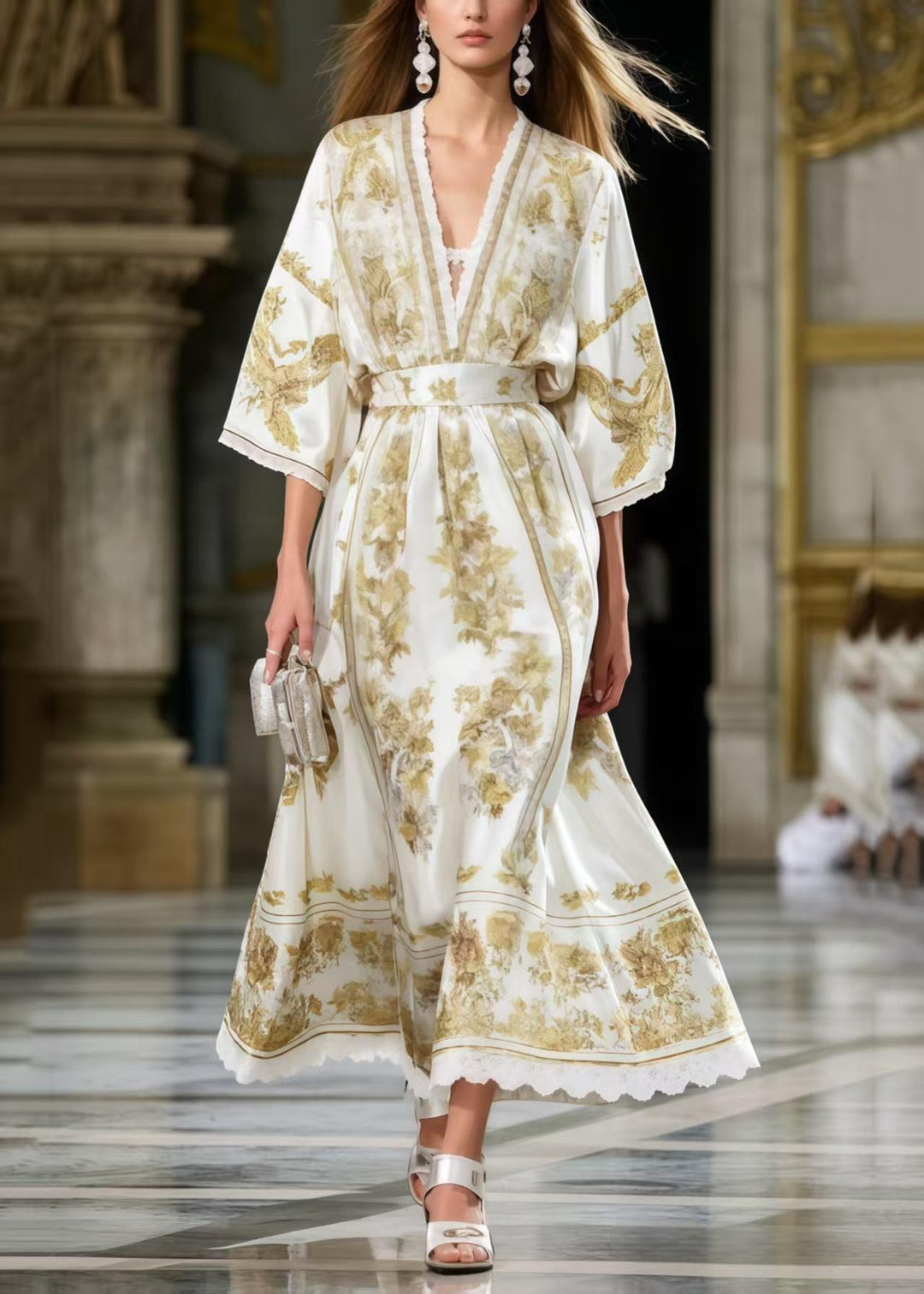 Boutique White Cinched Print Silk Maxi Dresses Summer