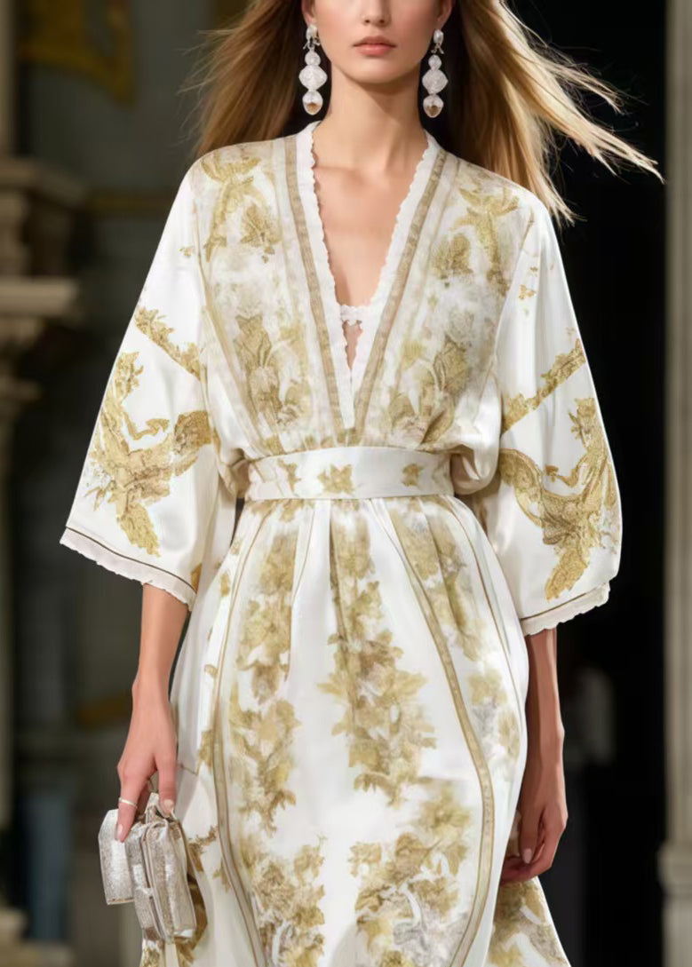 Boutique White Cinched Print Silk Maxi Dresses Summer