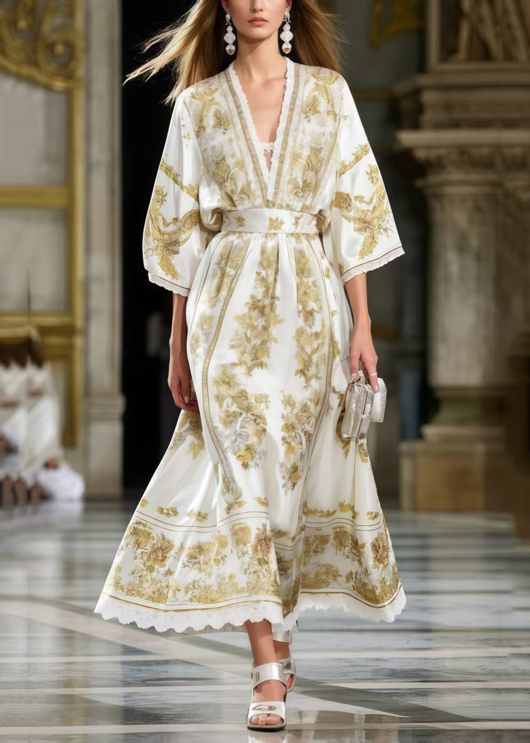 Boutique White Cinched Print Silk Maxi Dresses Summer