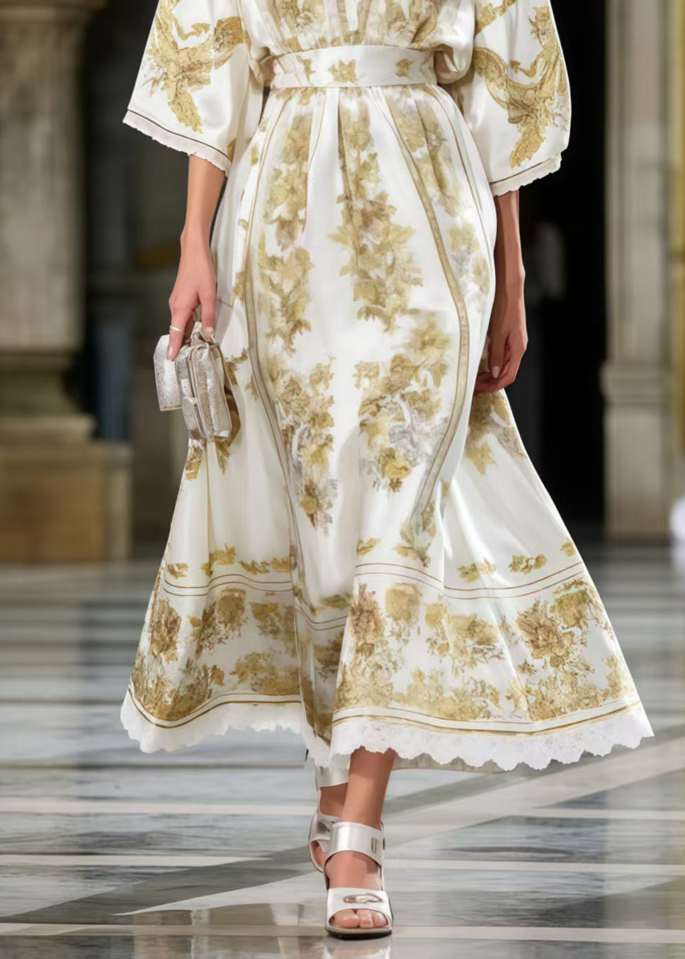 Boutique White Cinched Print Silk Maxi Dresses Summer