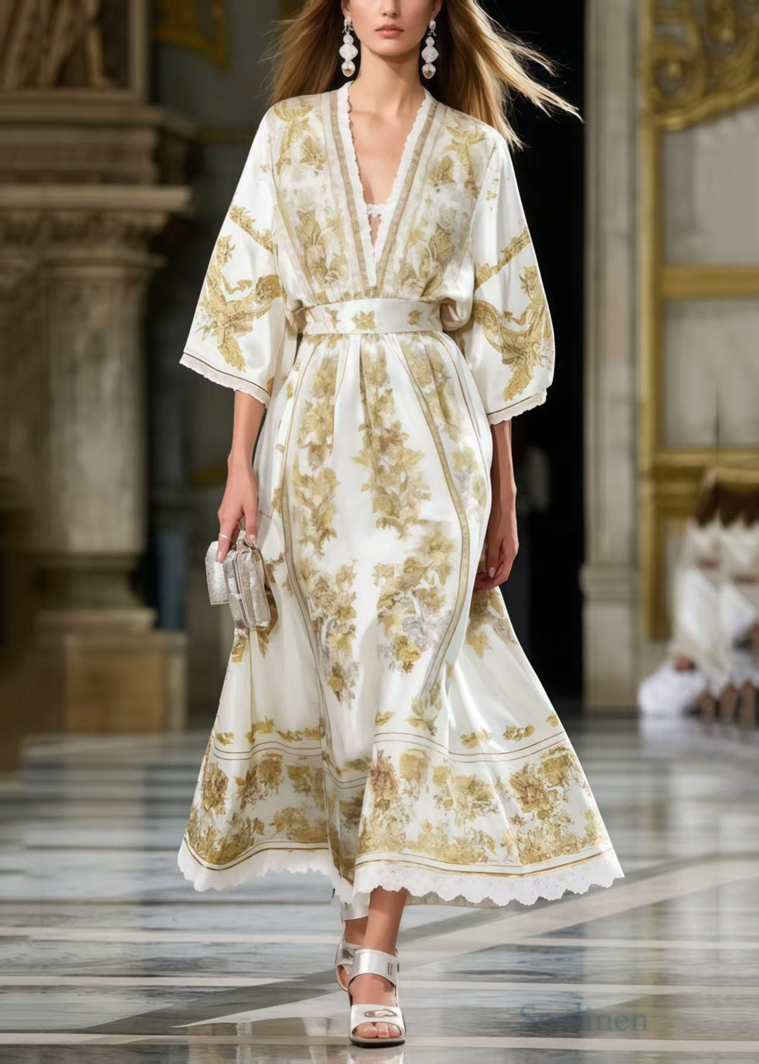 Boutique White Cinched Print Silk Maxi Dresses Summer