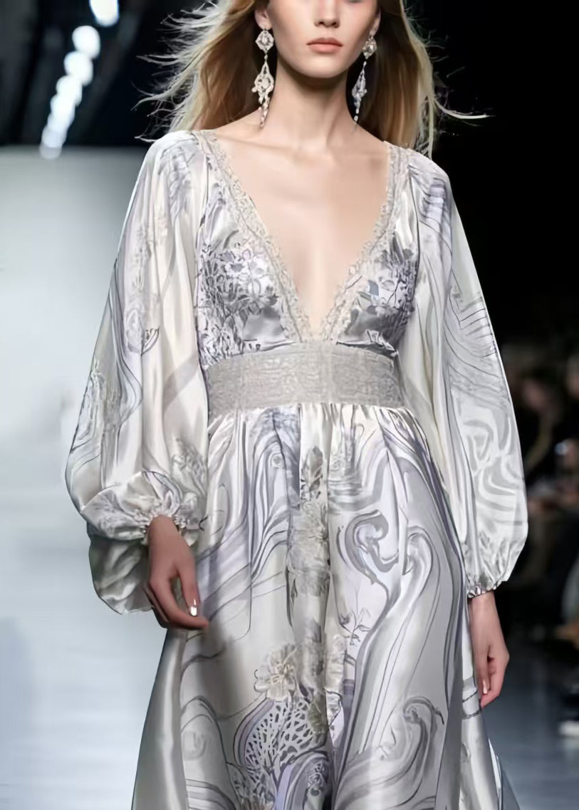 Boutique White V Neck Print Silk Vacation Dress Spring