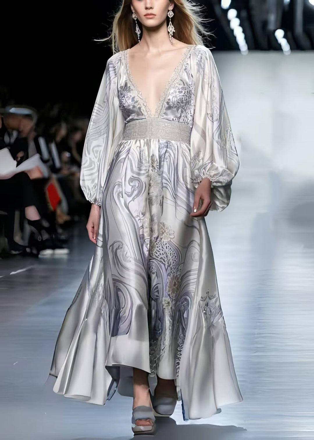 Boutique White V Neck Print Silk Vacation Dress Spring