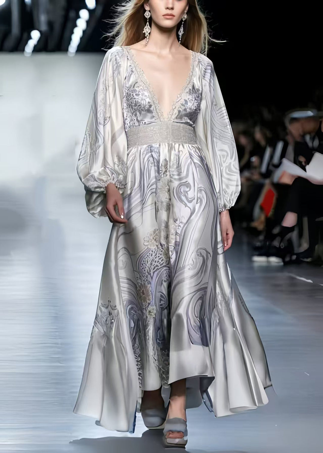 Boutique White V Neck Print Silk Vacation Dress Spring