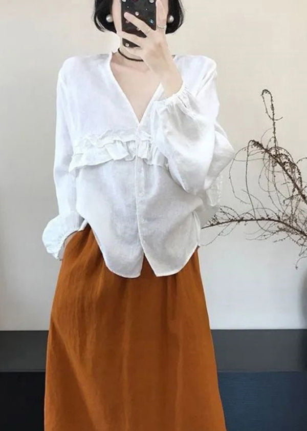 Boutique White V Neck Ruffled Patchwork Cotton Top Fall