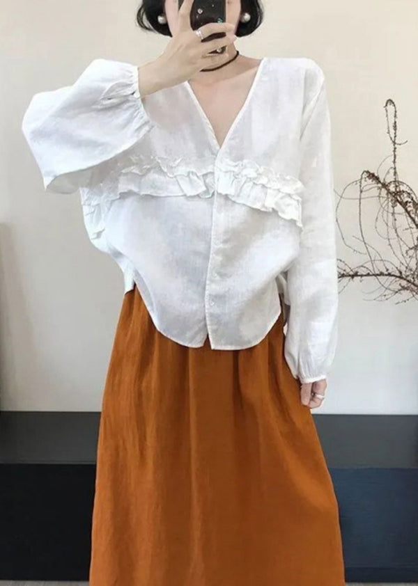 Boutique White V Neck Ruffled Patchwork Cotton Top Fall
