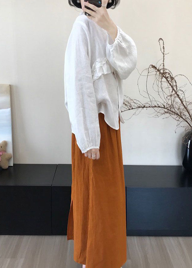 Boutique White V Neck Ruffled Patchwork Cotton Top Fall