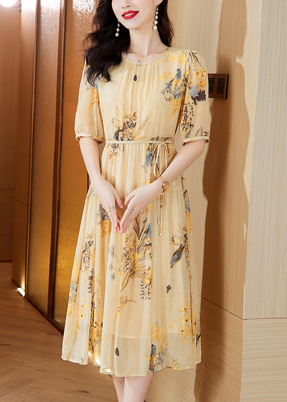 Boutique Yellow O Neck Print Wrinkled Lace Up Silk Dress Summer