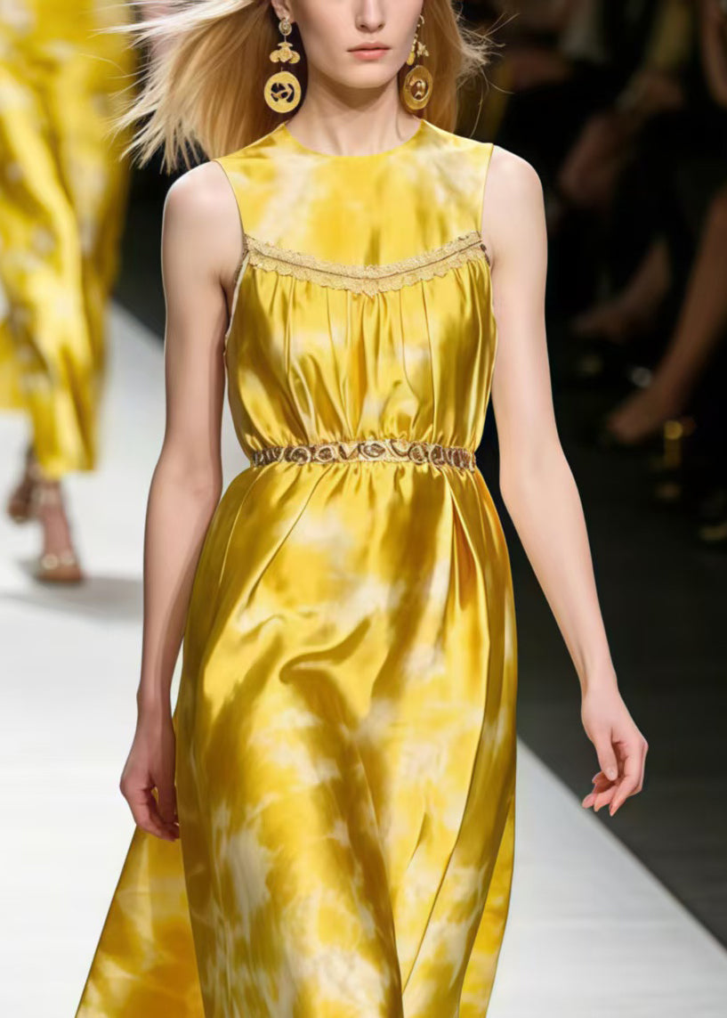 Boutique Yellow Tie Dye Silk Holiday Dress Sleeveless