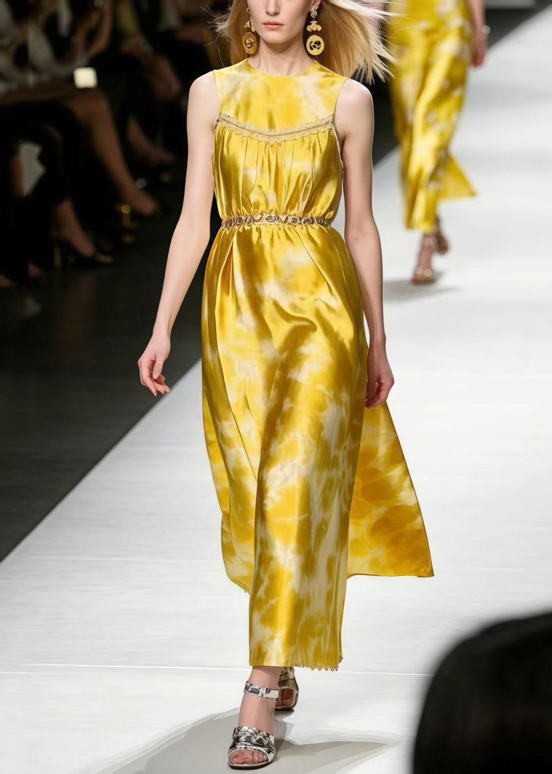 Boutique Yellow Tie Dye Silk Holiday Dress Sleeveless