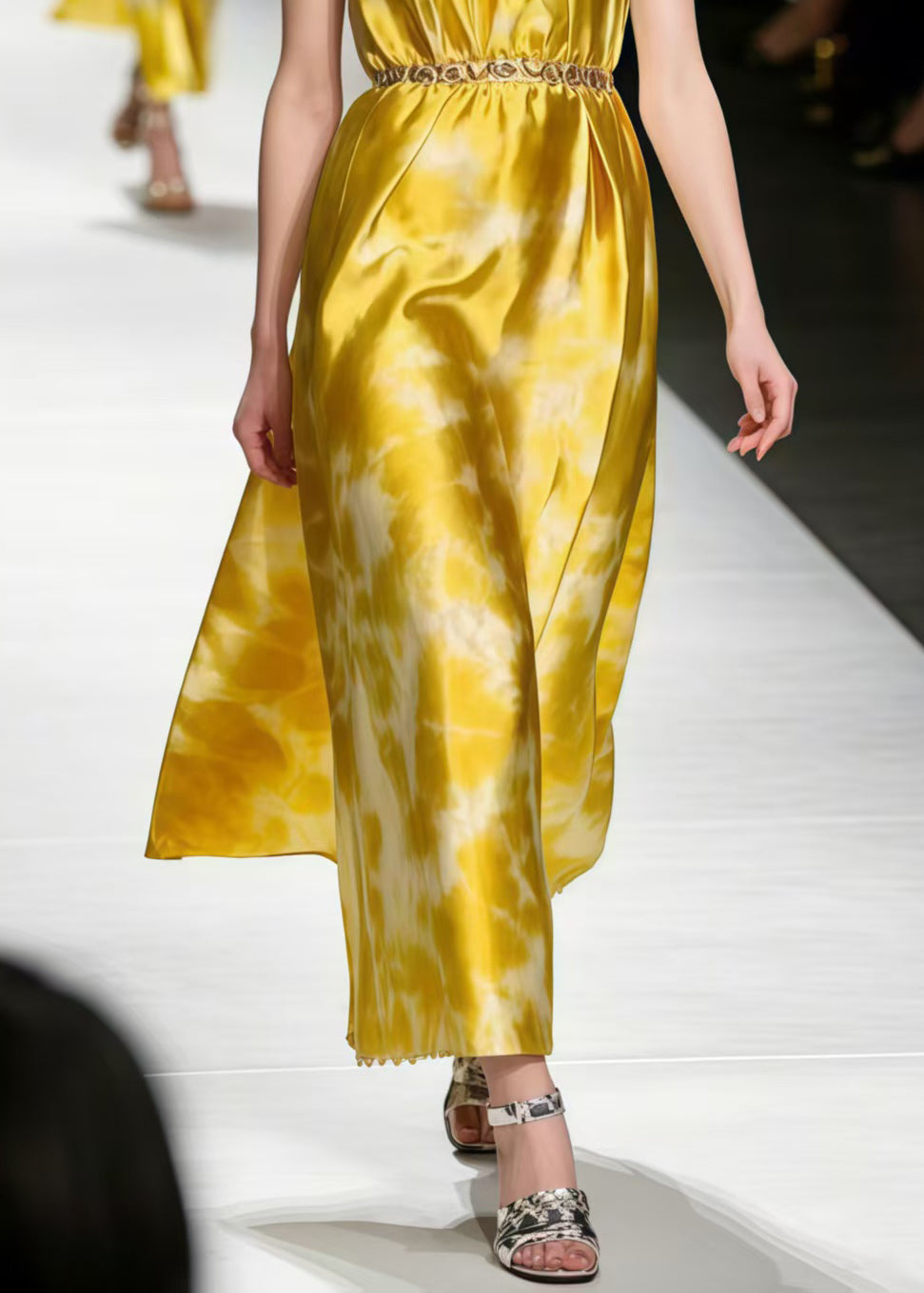 Boutique Yellow Tie Dye Silk Holiday Dress Sleeveless