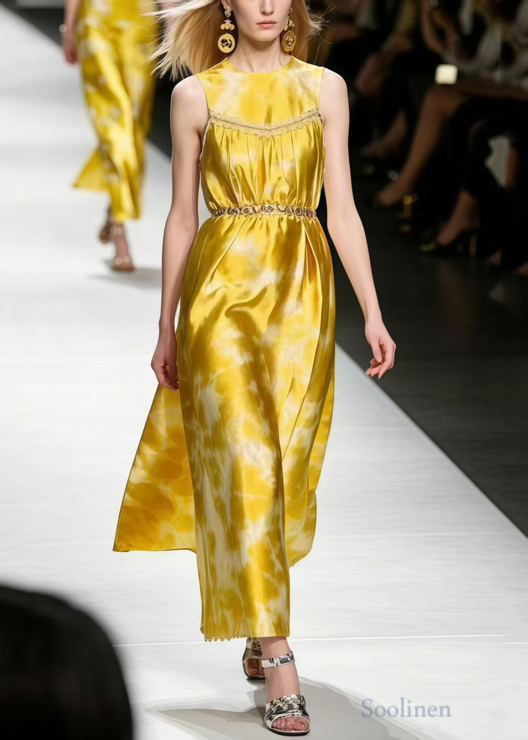 Boutique Yellow Tie Dye Silk Holiday Dress Sleeveless