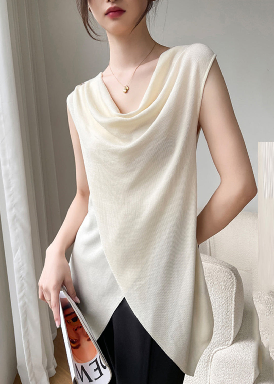 Brief Beige Asymmetrical Solid Silk Top Sleeveless