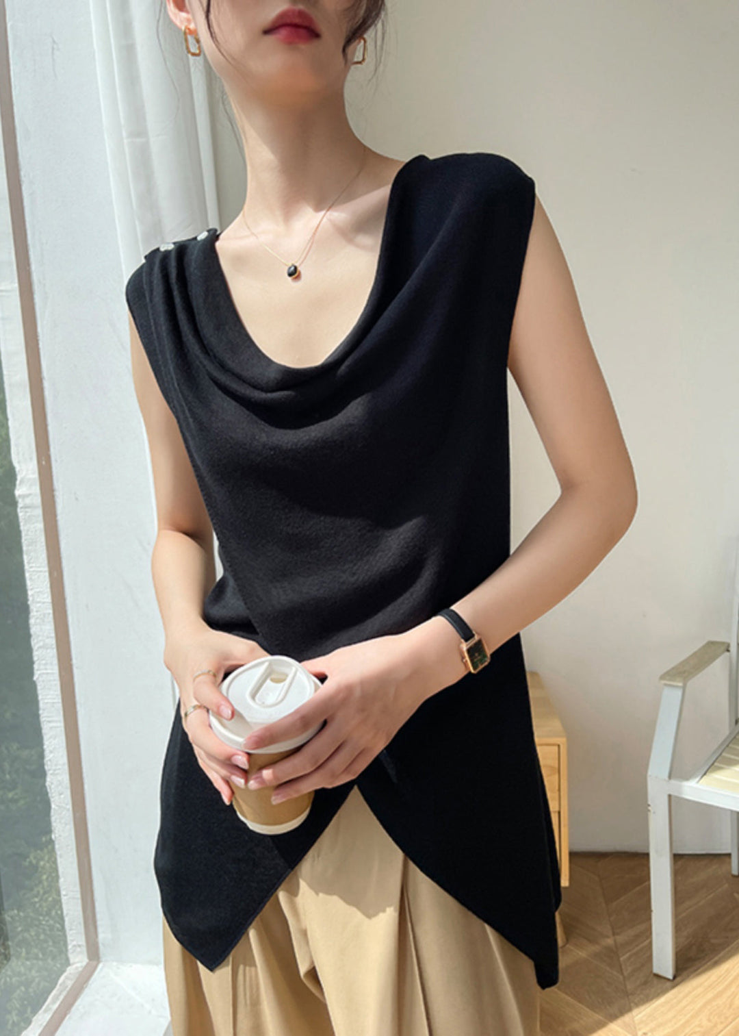 Brief Beige Asymmetrical Solid Silk Top Sleeveless