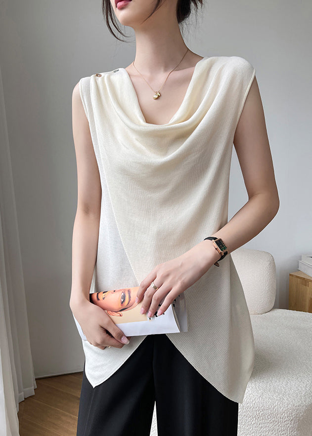 Brief Beige Asymmetrical Solid Silk Top Sleeveless