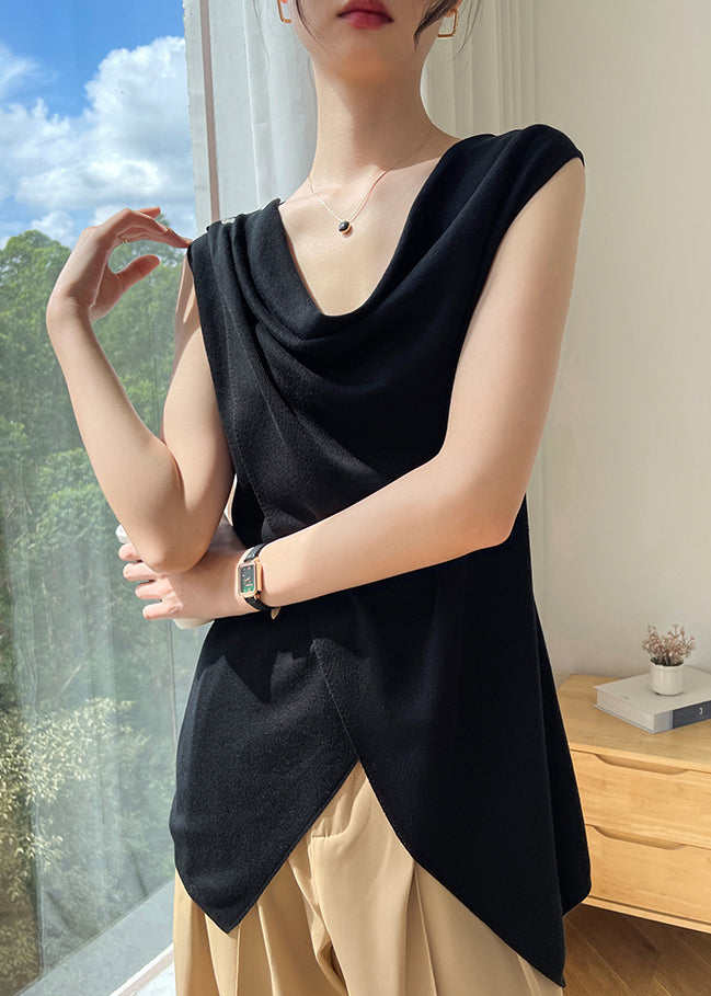 Brief Beige Asymmetrical Solid Silk Top Sleeveless