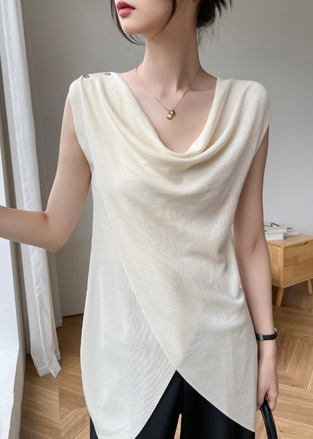 Brief Beige Asymmetrical Solid Silk Top Sleeveless