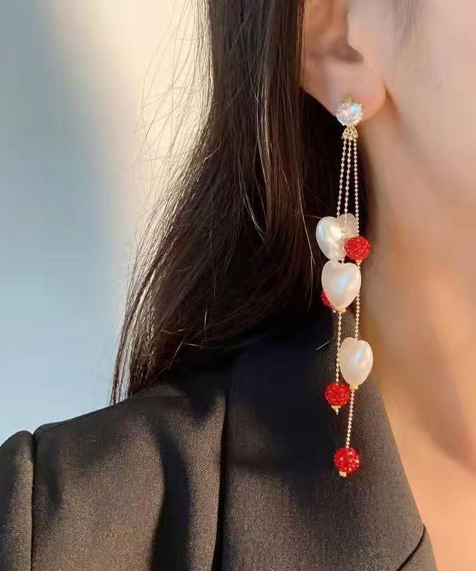 Brief Rainbow Alloy Zircon Love Pearl Tassel Drop Earrings