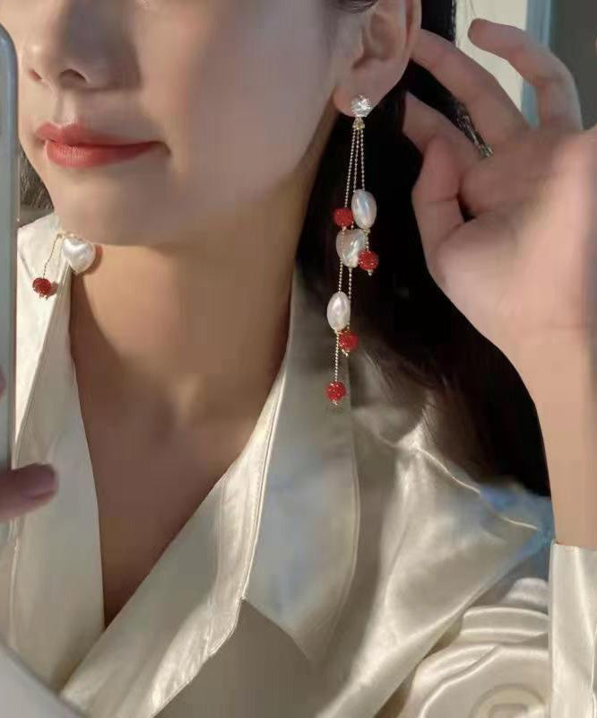 Brief Rainbow Alloy Zircon Love Pearl Tassel Drop Earrings