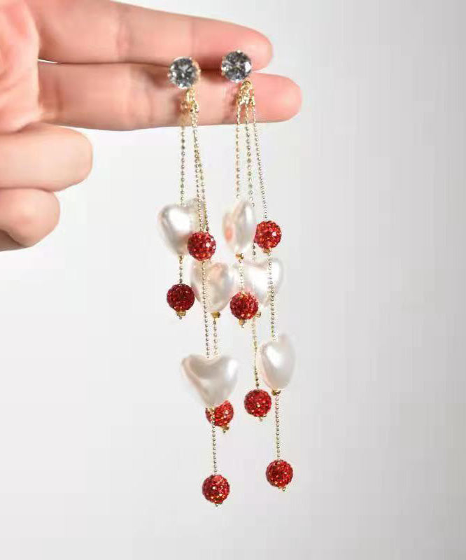 Brief Rainbow Alloy Zircon Love Pearl Tassel Drop Earrings