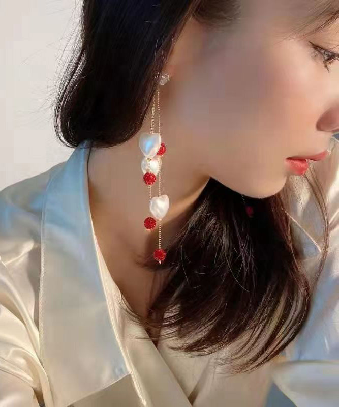 Brief Rainbow Alloy Zircon Love Pearl Tassel Drop Earrings