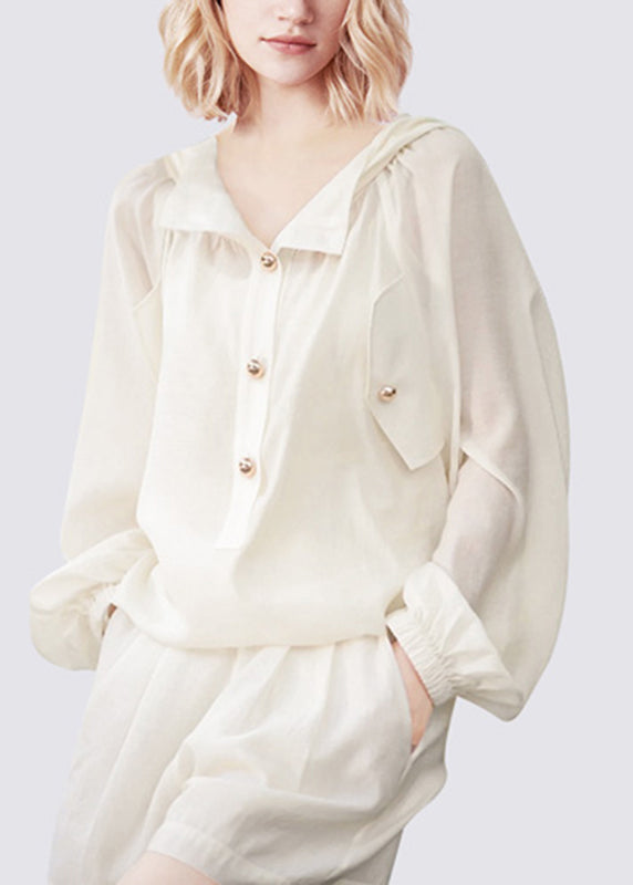 Brief White Button Hooded Shirts Vest And Shorts Three-Piece Set Lantern Sleeve