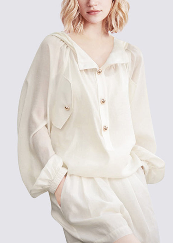 Brief White Button Hooded Shirts Vest And Shorts Three-Piece Set Lantern Sleeve