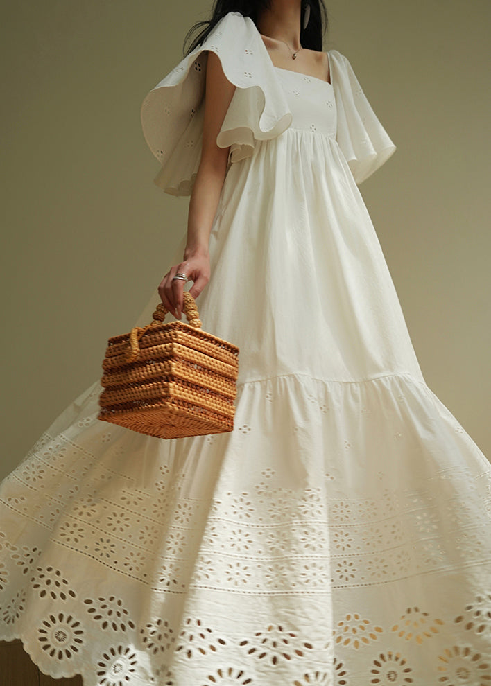 Brief White Square Collar Floral Hollow Out Maxi Dresses Summer