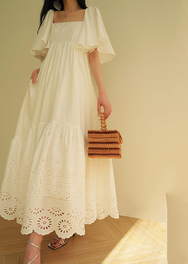 Brief White Square Collar Floral Hollow Out Maxi Dresses Summer