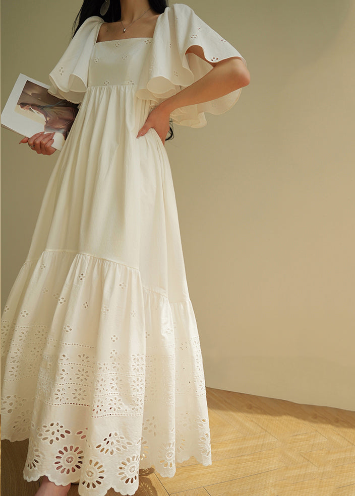 Brief White Square Collar Floral Hollow Out Maxi Dresses Summer