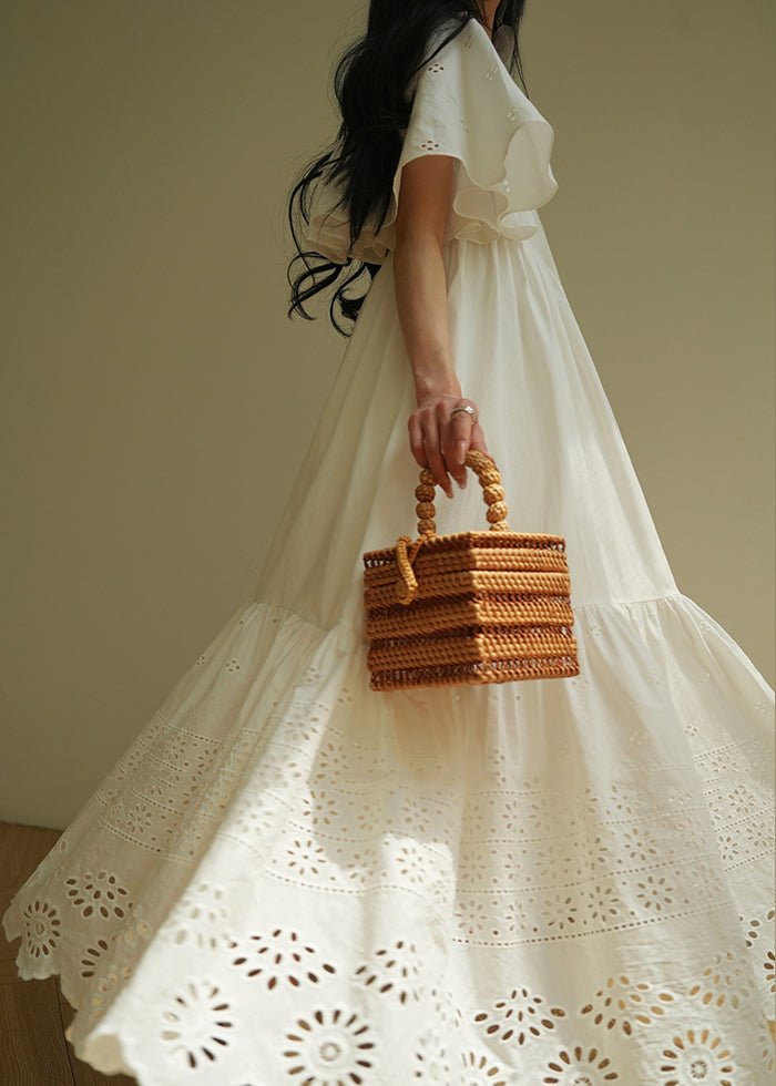 Brief White Square Collar Floral Hollow Out Maxi Dresses Summer