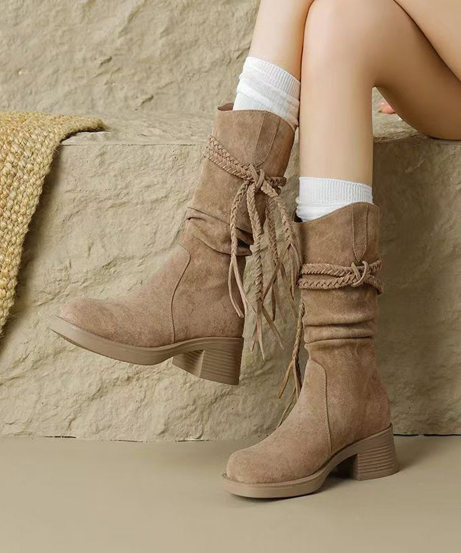 Brown Chunky Suede Women Tassel Splicing Cowboy Boots