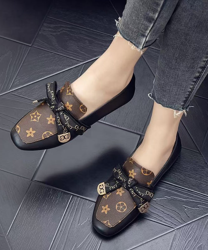 Brown Faux Leather Bow Splicing Penny Loafers