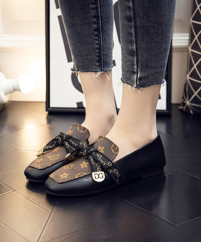 Brown Faux Leather Bow Splicing Penny Loafers
