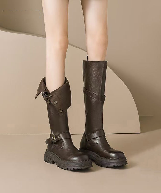 Brown Faux Leather Splicing Fuzzy Wool Lined Platform Boots