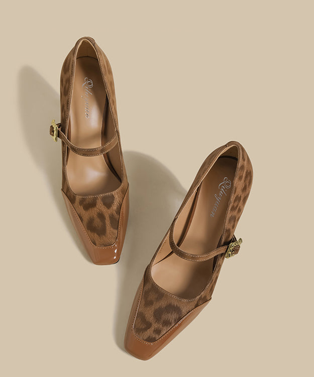 Brown Leopard Buckle Strap Splicing Stiletto High Heels