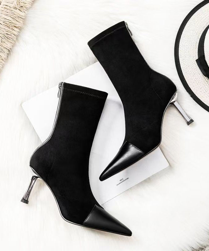 Camel Splicing Suede High Heel Boots Pointed Toe