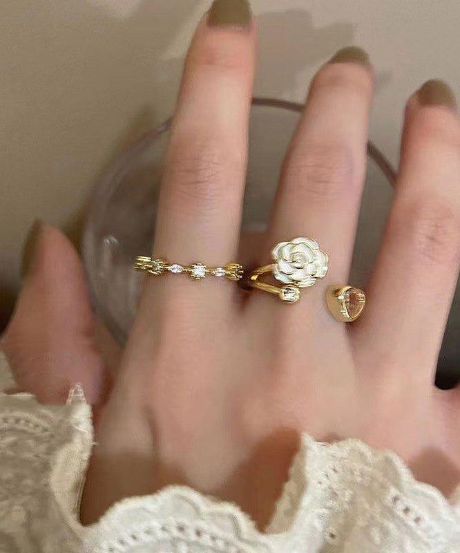 Camellia Heart Ring Womens Design Open Adjustable Finger Two-Piece Set