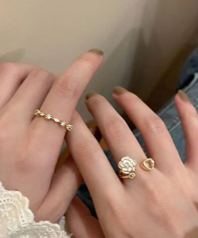 Camellia Heart Ring Womens Design Open Adjustable Finger Two-Piece Set