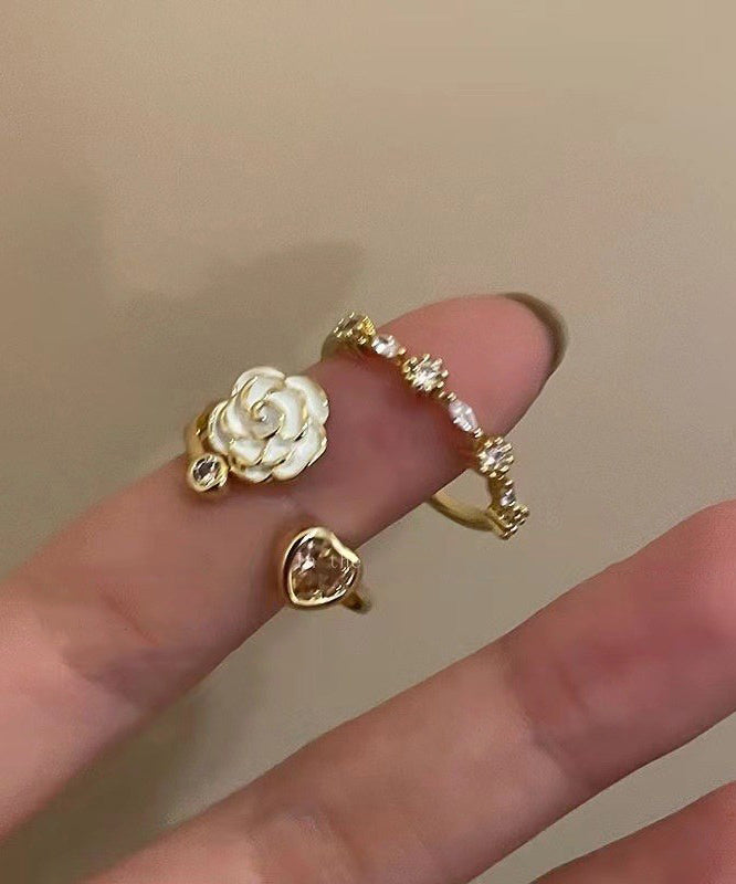 Camellia Heart Ring Womens Design Open Adjustable Finger Two-Piece Set