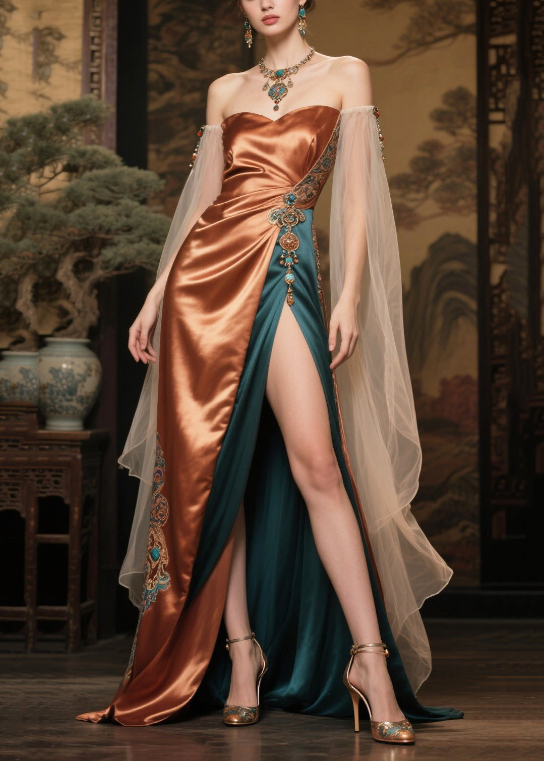 Caramel Patchwork Silk Strapless Dress Exra Large Hem Side Open Summer