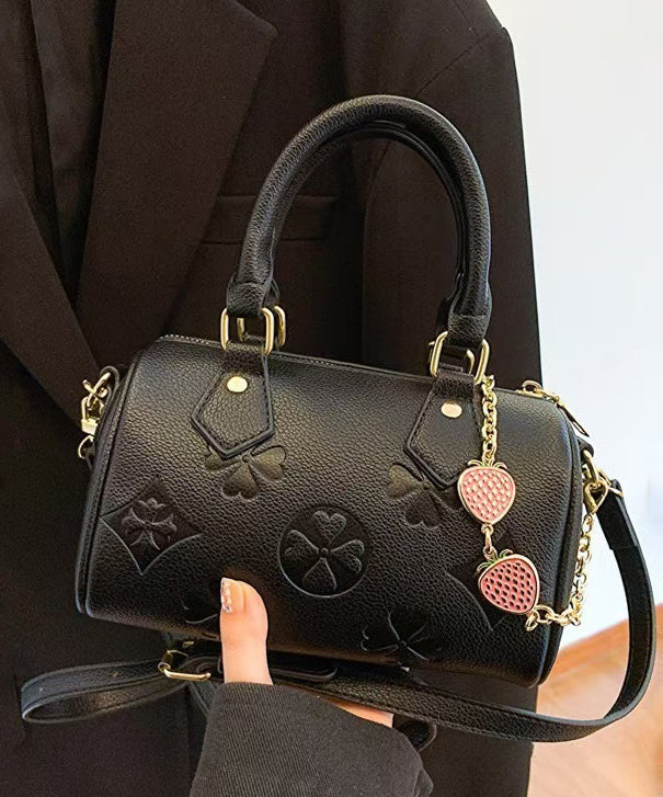 Casual Black Emboss Chain Linked Faux Leather Round Bag