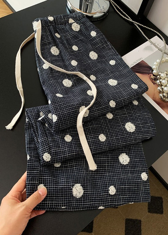 Casual Black Embroidered Tie Waist Wide Leg Pants Fall