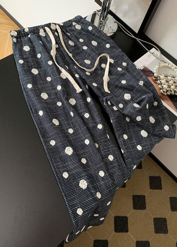 Casual Black Embroidered Tie Waist Wide Leg Pants Fall