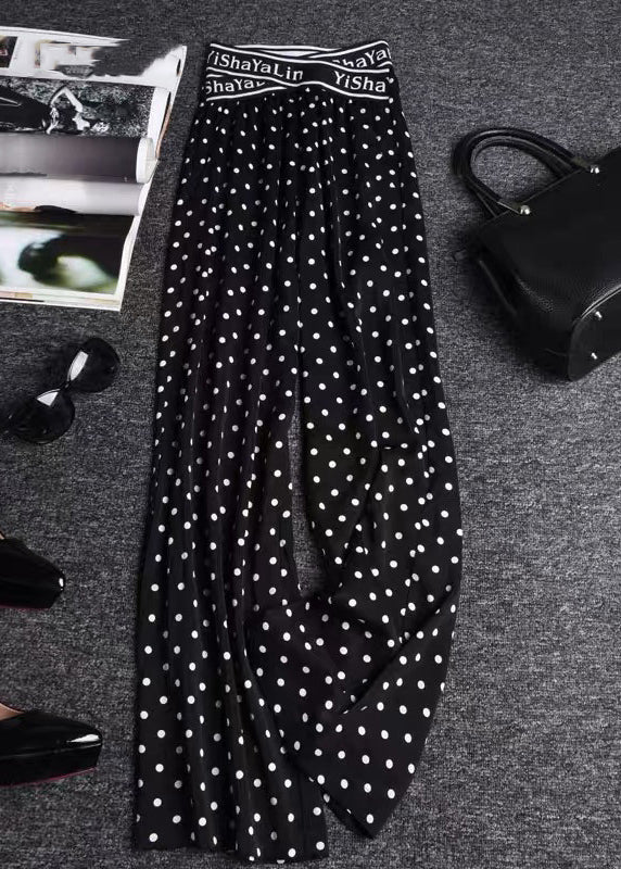 Casual Black Print Elastic Waist Draping Chiffon Wide Leg Pants Summer