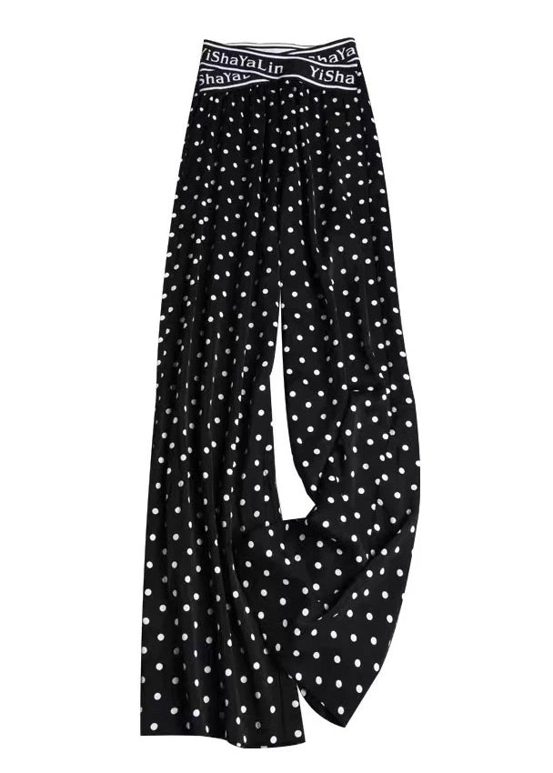 Casual Black Print Elastic Waist Draping Chiffon Wide Leg Pants Summer