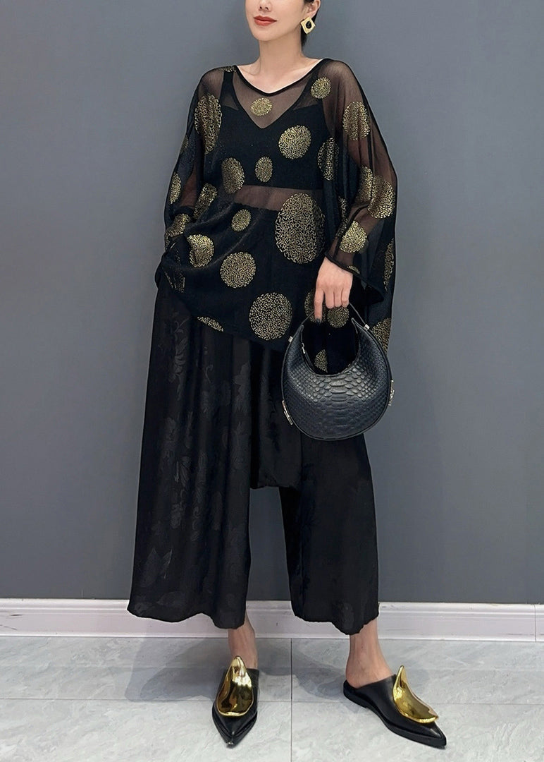 Casual Black Print Silk T Shirts And Crop Pants Two Piece Set Bracelet Sleeve